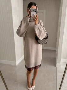 Pariaura Oversized High Neck Knit Mini Sweater Dress With Contrast Lace Hem, Drop Shoulder Fit, Soft Touch Fabric, Korean Street Style, Fall Winter Cozy Chic Outfit Luxury Soft Knit Turtleneck Mini Dress With Delicate Lace Hem, Relaxed Fit, Elegant Street Chic Fall Winter Look - Mocha Brown - View 5