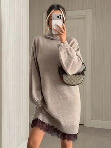 Pariaura Oversized High Neck Knit Mini Sweater Dress With Contrast Lace Hem, Drop Shoulder Fit, Soft Touch Fabric, Korean Street Style, Fall Winter Cozy Chic Outfit Luxury Soft Knit Turtleneck Mini Dress With Delicate Lace Hem, Relaxed Fit, Elegant Street Chic Fall Winter Look - Mocha Brown - View 4