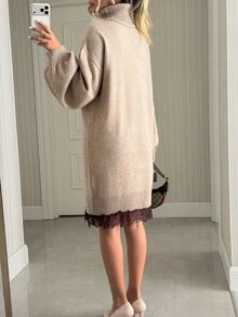 Pariaura Oversized High Neck Knit Mini Sweater Dress With Contrast Lace Hem, Drop Shoulder Fit, Soft Touch Fabric, Korean Street Style, Fall Winter Cozy Chic Outfit Luxury Soft Knit Turtleneck Mini Dress With Delicate Lace Hem, Relaxed Fit, Elegant Street Chic Fall Winter Look - Mocha Brown - View 2