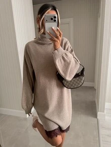 Pariaura Oversized High Neck Knit Mini Sweater Dress With Contrast Lace Hem, Drop Shoulder Fit, Soft Touch Fabric, Korean Street Style, Fall Winter Cozy Chic Outfit Luxury Soft Knit Turtleneck Mini Dress With Delicate Lace Hem, Relaxed Fit, Elegant Street Chic Fall Winter Look - Mocha Brown - View 3