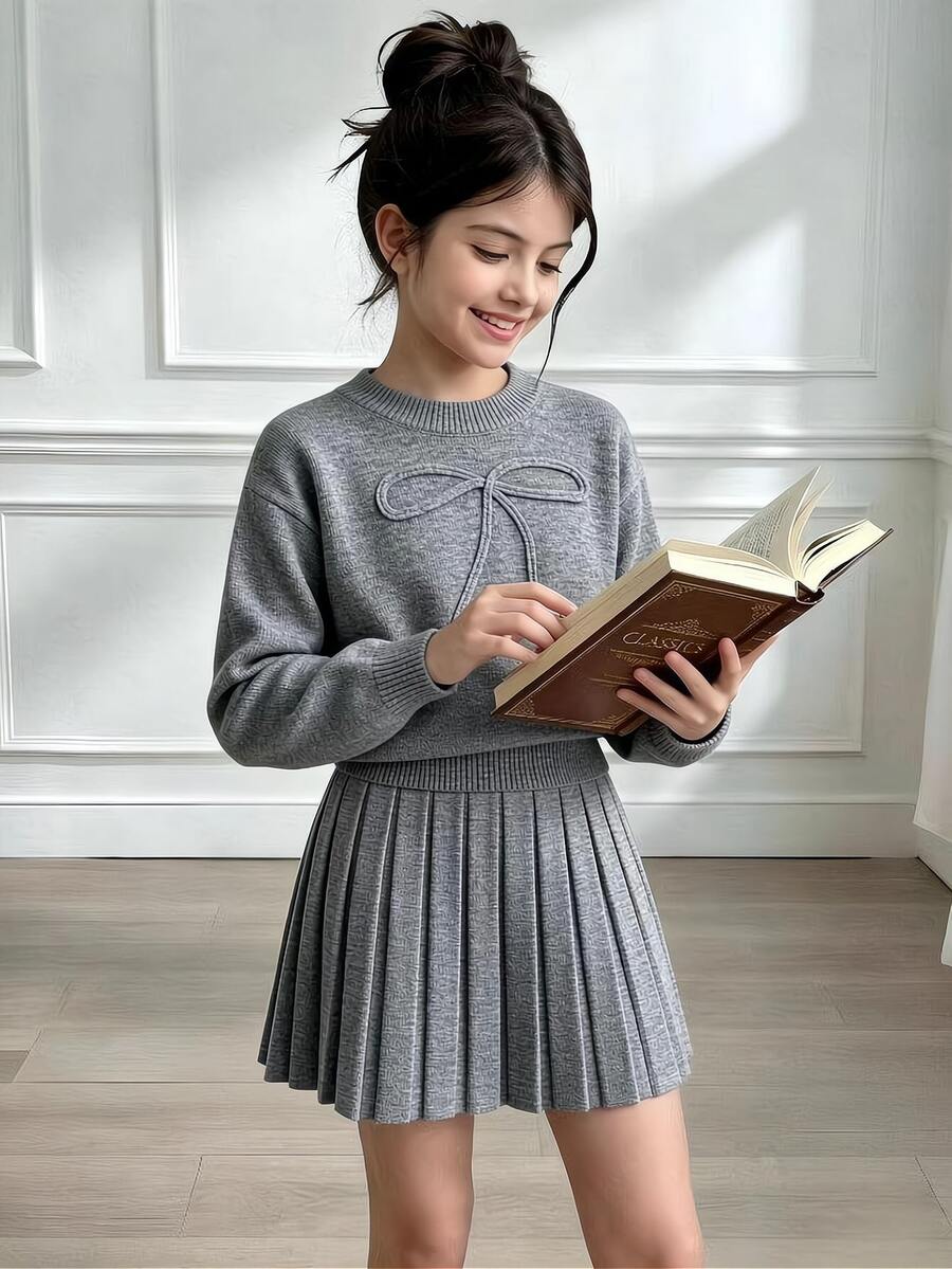 SHEIN Tween Girls Sweater Co-Ords Grey Special Embroidery Round Neck Pullover Knit Sweater And Pleated Skirt Set, Soft And Comfortable, Suitable For Daily Wear, Outings, Travel, Vacation, Daycare And Play - Multicolor - View 1