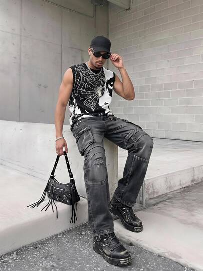 Manfinity LEGND Men's Fashionable Spider Web Pattern Knitted Sweater Vest, Spring And Autumn Skeleton Sweater