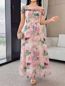Feyla Elegant Printed Off-Shoulder Dress For Women Holiday Vacation Pink Floral Summer - Multicolor - View 4