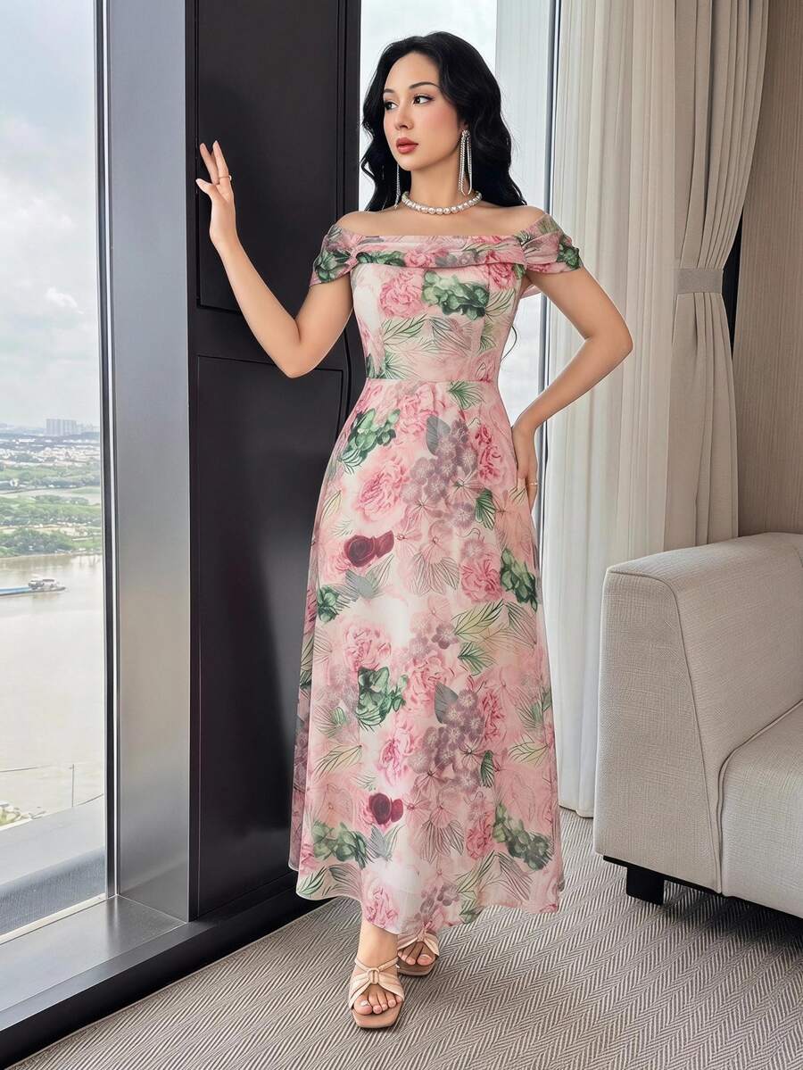 Feyla Elegant Printed Off-Shoulder Dress For Women Holiday Vacation Pink Floral Summer - Multicolor - View 1