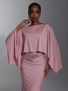 Elitara Cloak Sleeve Ruched Lace Waist Mermaid Hem Bridesmaid Dress - Dusty Pink - View 3