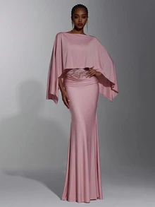 Elitara Cloak Sleeve Ruched Lace Waist Mermaid Hem Bridesmaid Dress - Dusty Pink - View 5