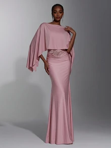 Elitara Cloak Sleeve Ruched Lace Waist Mermaid Hem Bridesmaid Dress - Dusty Pink - View 2