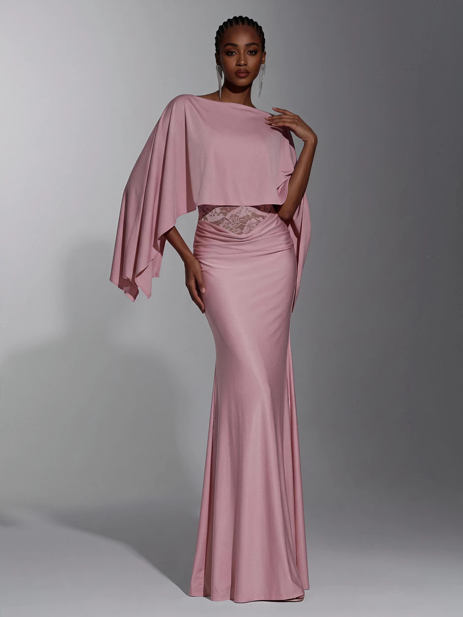 Elitara Cloak Sleeve Ruched Lace Waist Mermaid Hem Bridesmaid Dress