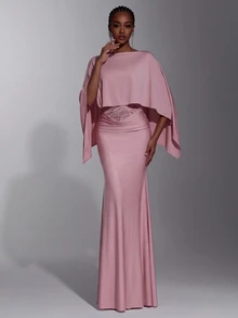 Elitara Cloak Sleeve Ruched Lace Waist Mermaid Hem Bridesmaid Dress - Dusty Pink - View 7