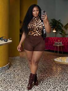 Veslaya Women's Autumn Brown Leopard Velvet Sleeveless Top & Textured Shorts 2 Pieces Set,Girlism Night Out Club Y2k Street Style Party Outfit - Multicolor - View 1