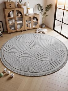 Modern Round Boho Rug – Textured Geometric Circle Carpet With White Tassel Fringe – Washable Nursery & Living Room Decor - Light Grey - View 2