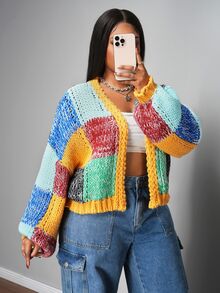 Veslaya 秋冬新品/女士秋季服装/万圣节/秋冬女装/大码女装撞色落肩长袖宽松针织开衫/钩针开衫/针织开衫/彩色开衫/撞色开衫/粗针织开衫 - 彩色 - 查看 4