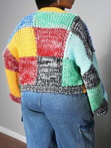 Veslaya 秋冬新品/女士秋季服装/万圣节/秋冬女装/大码女装撞色落肩长袖宽松针织开衫/钩针开衫/针织开衫/彩色开衫/撞色开衫/粗针织开衫 - 彩色 - 查看 2