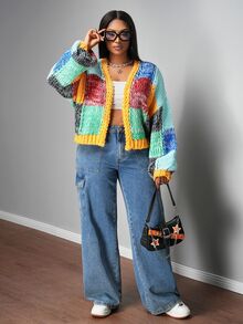 Veslaya 秋冬新品/女士秋季服装/万圣节/秋冬女装/大码女装撞色落肩长袖宽松针织开衫/钩针开衫/针织开衫/彩色开衫/撞色开衫/粗针织开衫 - 彩色 - 查看 5