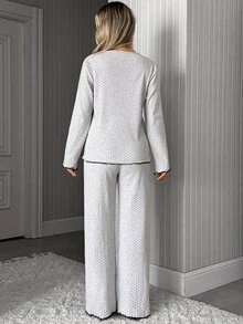 SHEIN Cottnline Cotton RibKnit 2pcs Light Grey Long Sleeve Contrast Lace Sleep Tee + Long Pants Casual Kawaii Lounge Pajama Set Autumn - Grey - View 2