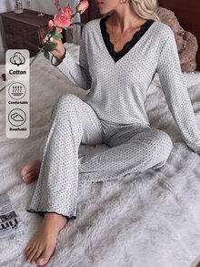 SHEIN Cottnline Cotton RibKnit 2pcs Light Grey Long Sleeve Contrast Lace Sleep Tee + Long Pants Casual Kawaii Lounge Pajama Set Autumn - Grey - View 1