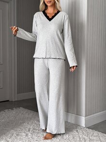 SHEIN Cottnline Cotton RibKnit 2pcs Light Grey Long Sleeve Contrast Lace Sleep Tee + Long Pants Casual Kawaii Lounge Pajama Set Autumn - Grey - View 4