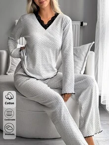 SHEIN Cottnline Cotton RibKnit 2pcs Light Grey Long Sleeve Contrast Lace Sleep Tee + Long Pants Casual Kawaii Lounge Pajama Set Autumn - Grey - View 8