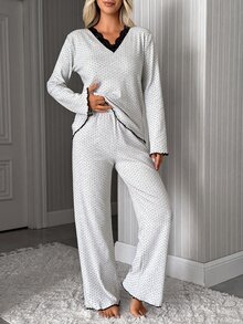SHEIN Cottnline Cotton RibKnit 2pcs Light Grey Long Sleeve Contrast Lace Sleep Tee + Long Pants Casual Kawaii Lounge Pajama Set Autumn - Grey - View 5