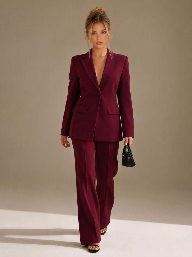 EURMUSE Women's Solid Color Minimalist Elegant Casual Long Sleeve Jacket Pants Suit Office Business Burgundy Summer - Burgundy - View 4