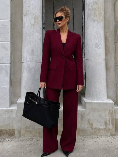 CLARA VERO Damset med jacka och byxor i enfärgad minimalistisk elegant casualstil, lång ärm, för kontor och business, vinröd, sommar