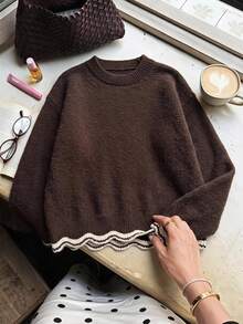 Muvela Contrast Trim Drop Shoulder Sweater Brunch Daily Brown And Cream Autumn Minimalist Casual - Brown - View 1