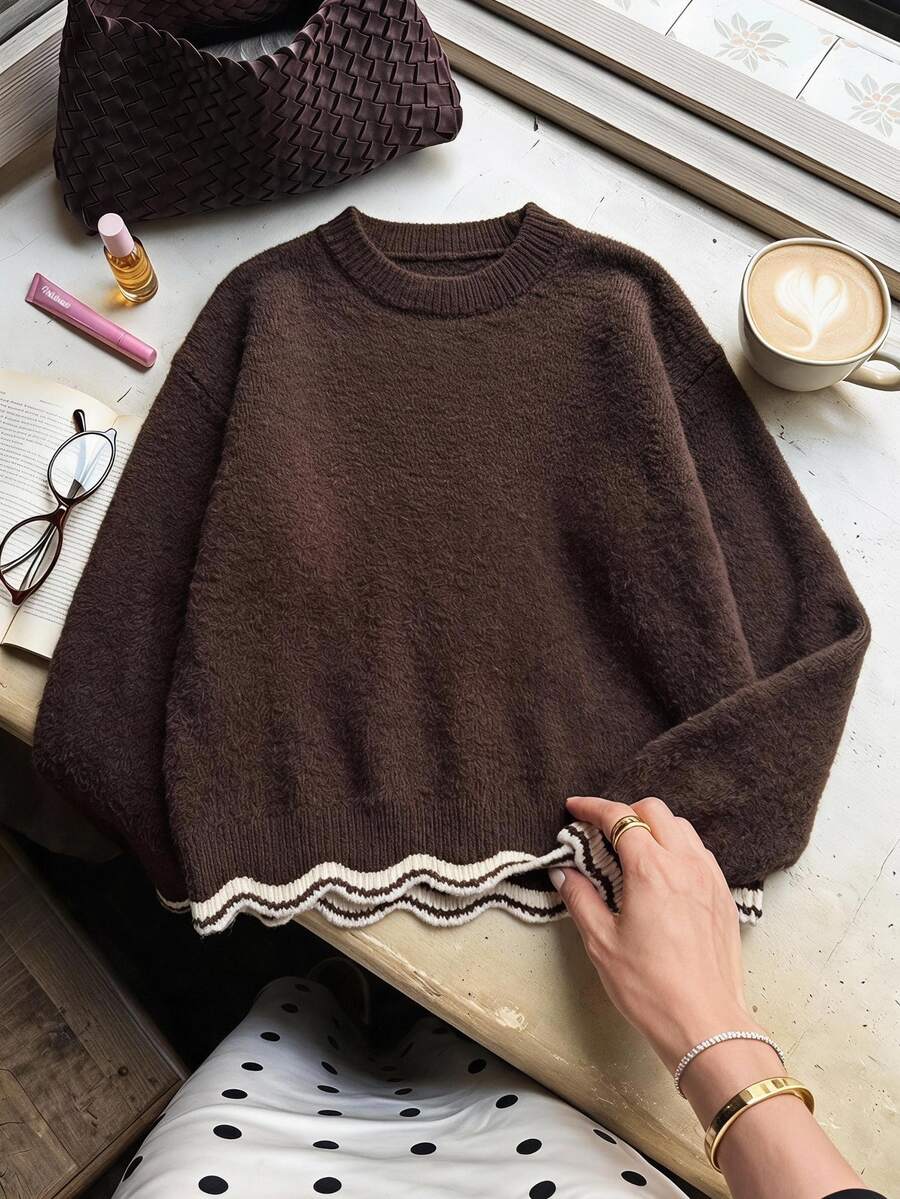 Muvela Contrast Trim Drop Shoulder Sweater Brunch Daily Brown And Cream Autumn Minimalist Casual - Brown - View 1