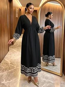 SHEIN Lady Plus Size Women V-Neck Pleated Casual Elegant Party Vacation Evening Formal Dress Black Autumn - Black and White - View 3