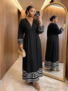 SHEIN Lady Plus Size Women V-Neck Pleated Casual Elegant Party Vacation Evening Formal Dress Black Autumn - Black and White - View 1