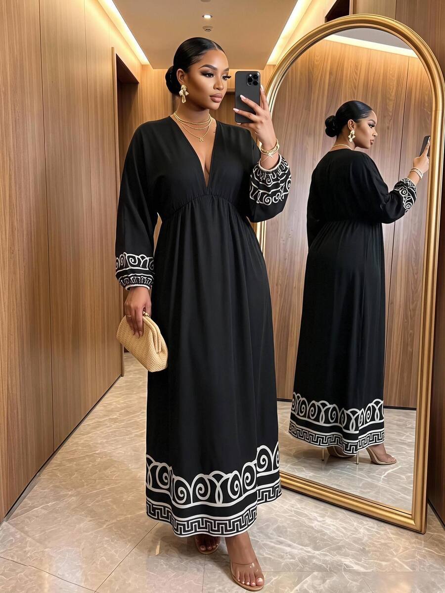 SHEIN Lady Plus Size Women V-Neck Pleated Casual Elegant Party Vacation Evening Formal Dress Black Autumn - Black and White - View 1
