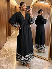SHEIN Lady Plus Size Women V-Neck Pleated Casual Elegant Party Vacation Evening Formal Dress Black Autumn - Black and White - View 4