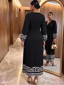 SHEIN Lady Plus Size Women V-Neck Pleated Casual Elegant Party Vacation Evening Formal Dress Black Autumn - Black and White - View 2