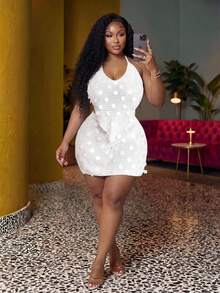 Veslaya White,Summer,Classy,Silky,Vacation,Holiday Plus Size Crochet Dress Set For Women,Minimalist Design Line Pattern Knit Colorblock Sleeveless Sweater - Beige - View 1
