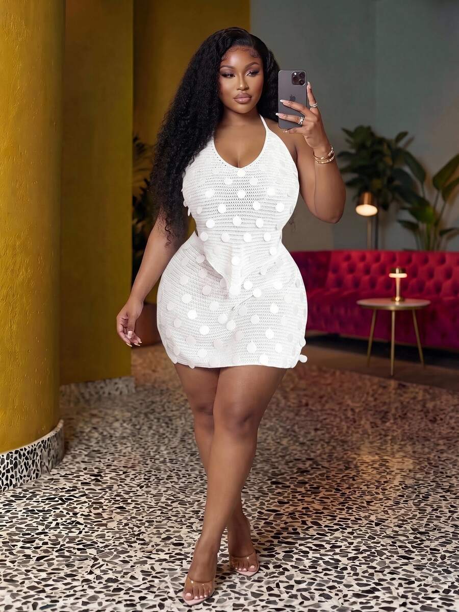 Veslaya White,Summer,Classy,Silky,Vacation,Holiday Plus Size Crochet Dress Set For Women,Minimalist Design Line Pattern Knit Colorblock Sleeveless Sweater - Beige - View 1