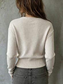 LUMIGAL 女款 3D 花卉裝飾長袖針織開襟衫 米色 秋季 優雅浪漫 早午餐日常穿搭 蛋殼色 V 領開襟衫 - 杏色 - 查看 3