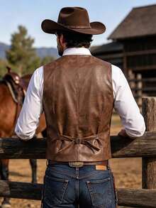 DREXORIN Men's Brown Slim Fit Mature Casual Denim Style Versatile Vest - Brown - View 2