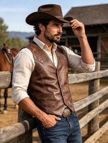 DREXORIN Men's Brown Slim Fit Mature Casual Denim Style Versatile Vest - Brown - View 7