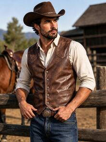 DREXORIN Men's Brown Slim Fit Mature Casual Denim Style Versatile Vest - Brown - View 5