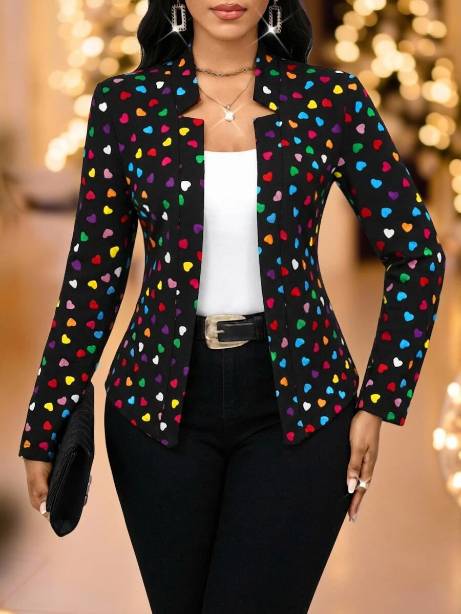 SHEIN Lady Blazer Kasual Elegan Lengan Panjang Motif Hati Ukuran Besar untuk Wanita, Cocok untuk Kantor, Makan Malam, dan Acara Formal Musim Panas Warna Hitam - MultiWarna - View 1