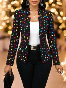 SHEIN Lady Blazer Kasual Elegan Lengan Panjang Motif Hati Ukuran Besar untuk Wanita, Cocok untuk Kantor, Makan Malam, dan Acara Formal Musim Panas Warna Hitam - MultiWarna - View 4