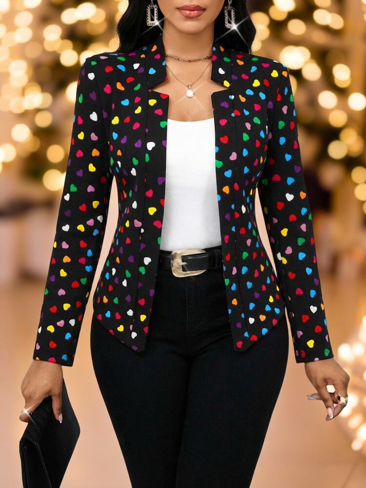 SHEIN Lady Blazer Kasual Elegan Lengan Panjang Motif Hati Ukuran Besar untuk Wanita, Cocok untuk Kantor, Makan Malam, dan Acara Formal Musim Panas Warna Hitam - MultiWarna - View 4