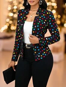 SHEIN Lady Blazer Kasual Elegan Lengan Panjang Motif Hati Ukuran Besar untuk Wanita, Cocok untuk Kantor, Makan Malam, dan Acara Formal Musim Panas Warna Hitam - MultiWarna - View 3