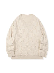 Claim Dot Men's Casual Loose V-Neck Sweater With Faux Pearl Decor, Autumn/Winter, Long Sleeve Top - Apricot - View 3