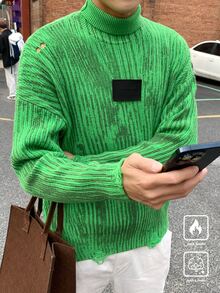 Claim Dot Men's Casual Color Block Striped Turtleneck Sweater, Autumn/Winter - Green - View 4