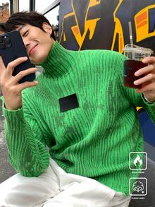 Claim Dot Men's Casual Color Block Striped Turtleneck Sweater, Autumn/Winter - Green - View 6