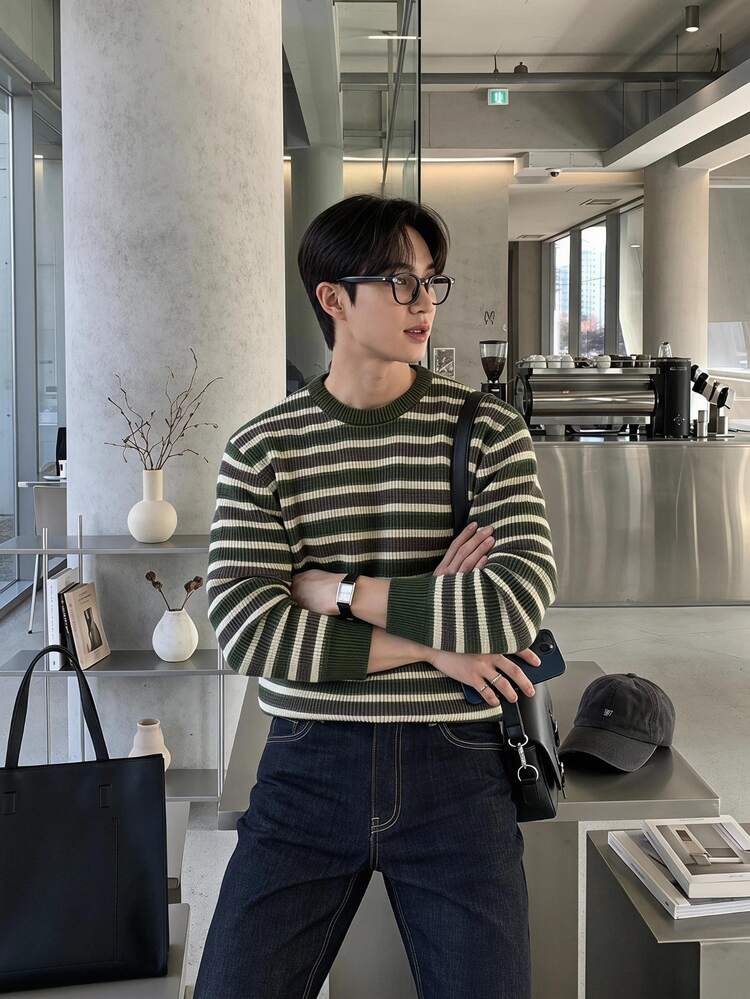 Claim Dot Men's Casual Colorblock Green Striped Sweater,Autumn/Winter Long Sleeve Minimalist Urban Jumper Knitwear,Cashmere Top,Graduation,Back-To-School - Multicolor - View 1