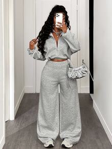 BamGleam Women's Solid Color Drop Shoulder Long Sleeve Zip Front Cropped Hoodie And Wide Leg Pants Casual 2 Pieces Set, Autumn/Winter - Grey - View 2
