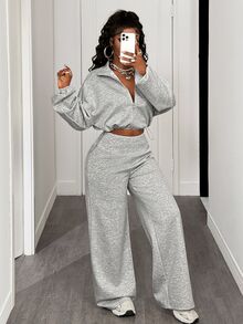 BamGleam Women's Solid Color Drop Shoulder Long Sleeve Zip Front Cropped Hoodie And Wide Leg Pants Casual 2 Pieces Set, Autumn/Winter - Grey - View 6