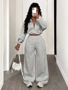 BamGleam Women's Solid Color Drop Shoulder Long Sleeve Zip Front Cropped Hoodie And Wide Leg Pants Casual 2 Pieces Set, Autumn/Winter - Grey - View 4