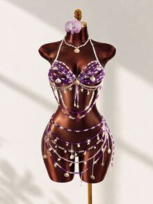 Mistrie Women's Summer Beach Beaded Shell Crystal Halter Bikini Top And Skirt Decor Set - Purple - View 2
